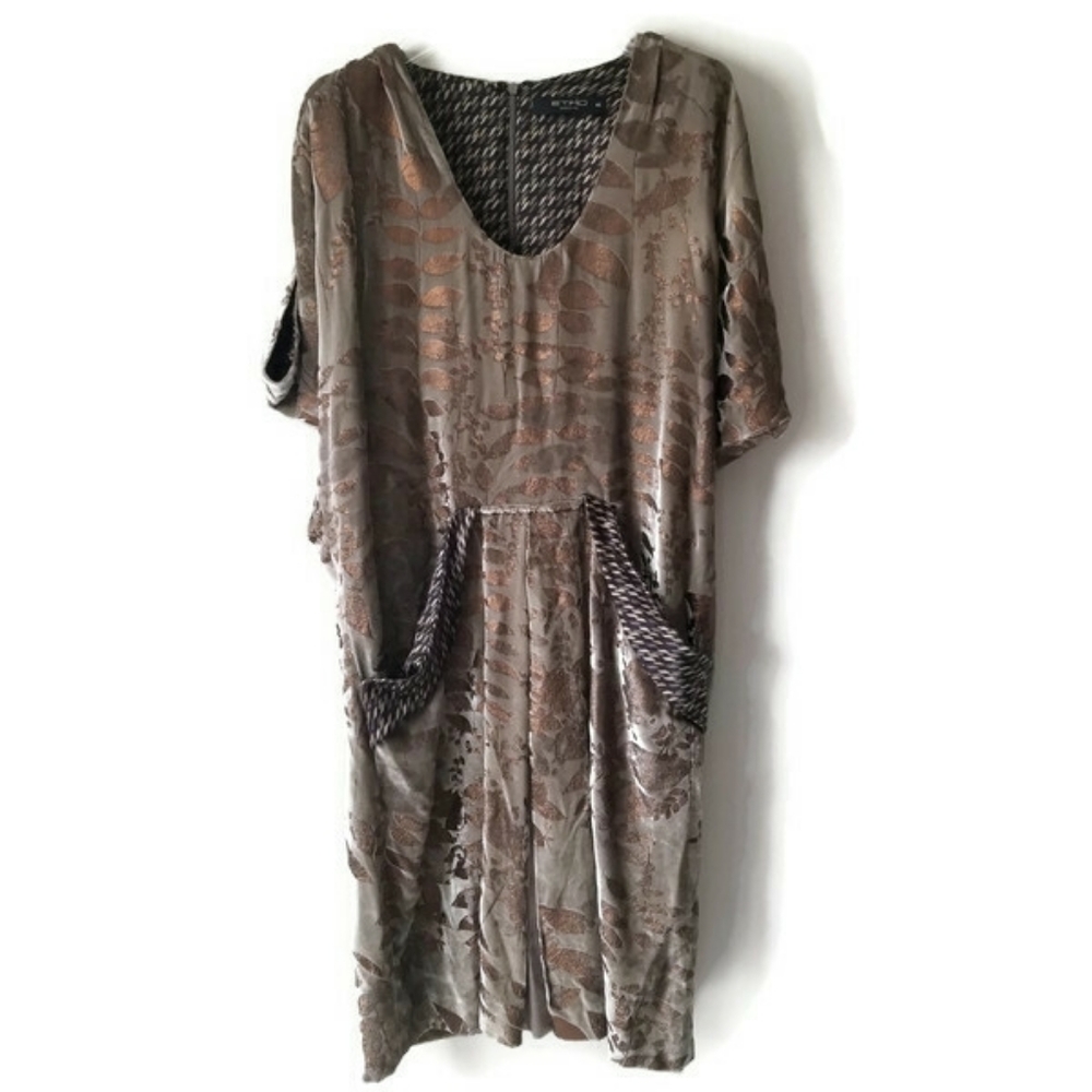 ETRO Dress Silk Velvet Golden Leaves sz 44